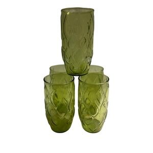 Set of 5 Vintage Textured Green Glass Tumblers Drinking Glasses